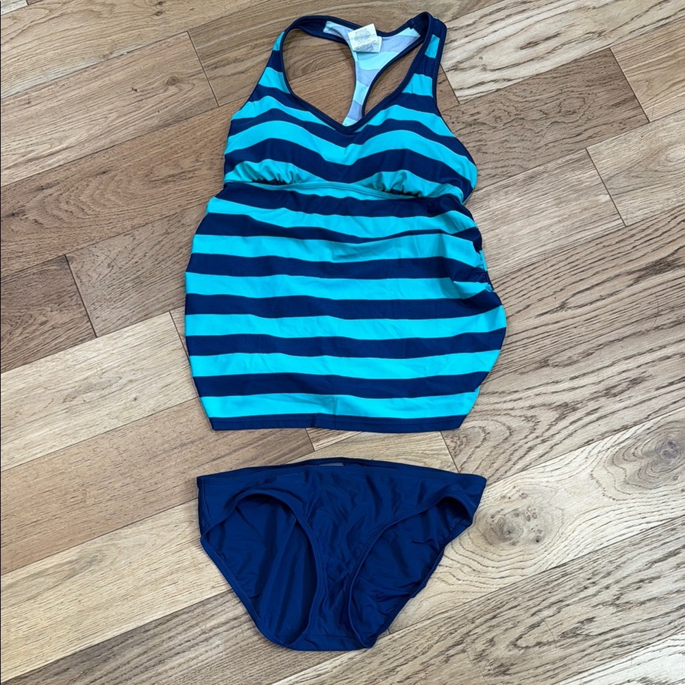Motherhood Maternity Blue Striped Tankini Set